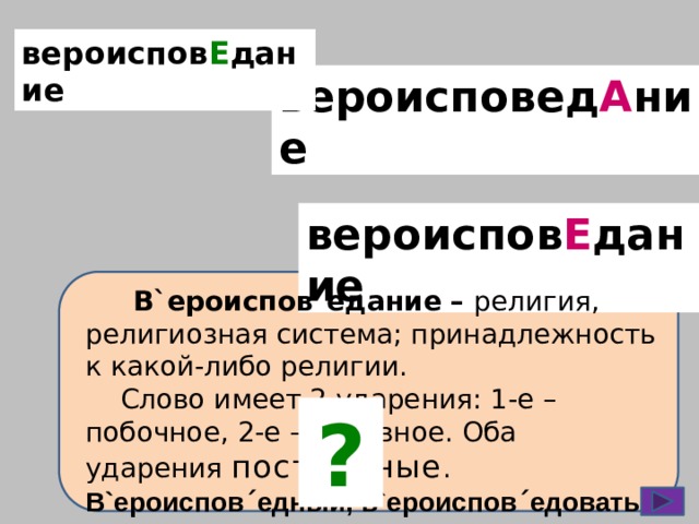 вероиспов Е дание вероисповед А ние вероиспов Е дание  В`ероисповˊедание – религия, религиозная система; принадлежность к какой-либо религии.  Слово имеет 2 ударения: 1-е – побочное, 2-е – основное. Оба ударения постоянные . В`ероисповˊедный, в`ероисповˊедовать ? 
