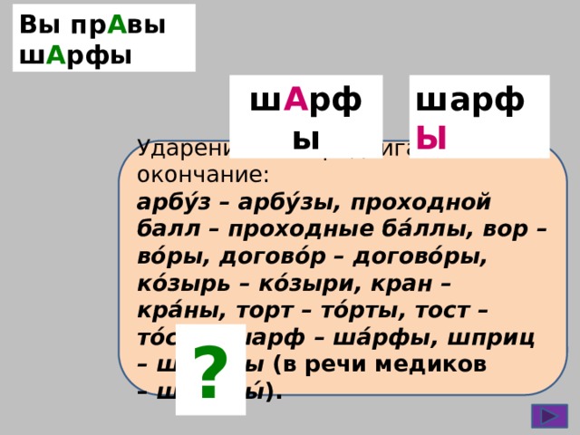 Вы пр А вы ш А рфы шарф Ы ш А рфы Ударение не передвигается на окончание: арбу́з – арбу́зы, проходной балл – проходные ба́ллы, вор – во́ры, догово́р – догово́ры, ко́зырь – ко́зыри, кран – кра́ны, торт – то́рты, тост – то́сты, шарф – ша́рфы, шприц – шпри́цы  (в речи медиков –  шприцы́ ). ? 