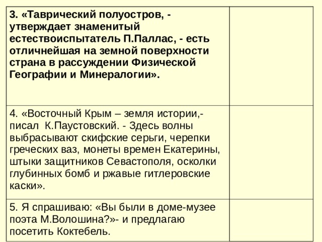 3. «Таврический полуостров, - утверждает знаменитый естествоиспытатель П.Паллас, - есть отличнейшая на земной поверхности страна в рассуждении Физической Географии и Минералогии». 4. «Восточный Крым – земля истории,- писал К.Паустовский. - Здесь волны выбрасывают скифские серьги, черепки греческих ваз, монеты времен Екатерины, штыки защитников Севастополя, осколки глубинных бомб и ржавые гитлеровские каски». 5. Я спрашиваю: «Вы были в доме-музее поэта М.Волошина?»- и предлагаю посетить Коктебель. 