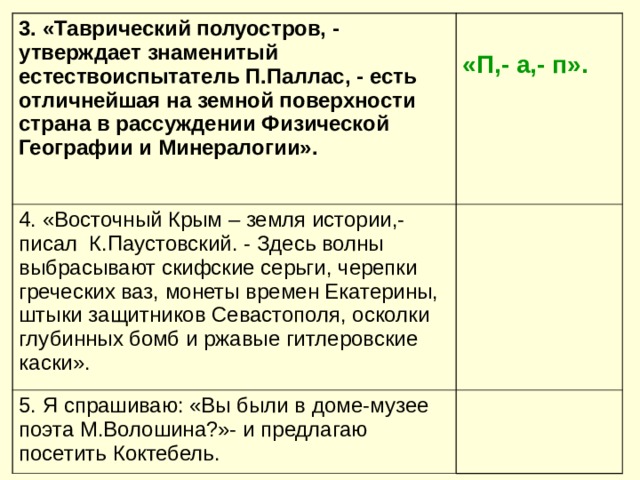 3. «Таврический полуостров, - утверждает знаменитый естествоиспытатель П.Паллас, - есть отличнейшая на земной поверхности страна в рассуждении Физической Географии и Минералогии».   «П,- а,- п». 4. «Восточный Крым – земля истории,- писал К.Паустовский. - Здесь волны выбрасывают скифские серьги, черепки греческих ваз, монеты времен Екатерины, штыки защитников Севастополя, осколки глубинных бомб и ржавые гитлеровские каски». 5. Я спрашиваю: «Вы были в доме-музее поэта М.Волошина?»- и предлагаю посетить Коктебель. 