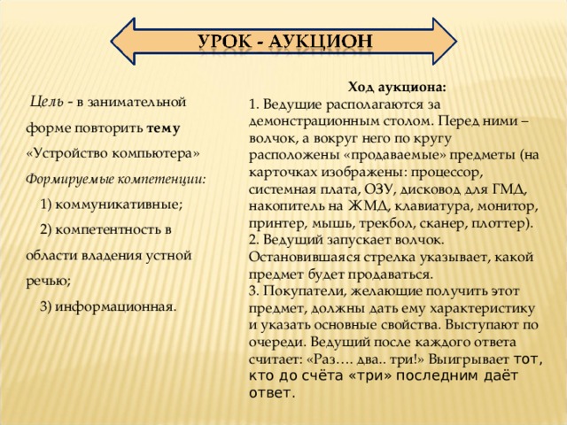 Ход аукциона: 1. Ведущие располагаются за демонстрационным столом. Перед ними – волчок, а вокруг него по кругу расположены «продаваемые» предметы (на карточках изображены: процессор, системная плата, ОЗУ, дисковод для ГМД, накопитель на ЖМД, клавиатура, монитор, принтер, мышь, трекбол, сканер, плоттер). 2. Ведущий запускает волчок. Остановившаяся стрелка указывает, какой предмет будет продаваться. 3. Покупатели, желающие получить этот предмет, должны дать ему характеристику и указать основные свойства. Выступают по очереди. Ведущий после каждого ответа считает: «Раз…. два.. три!» Выигрывает тот, кто до счёта «три» последним даёт ответ.  Цель - в занимательной форме повторить тему «Устройство компьютера» Формируемые компетенции:   1) коммуникативные;  2) компетентность в области владения устной речью;  3) информационная. 