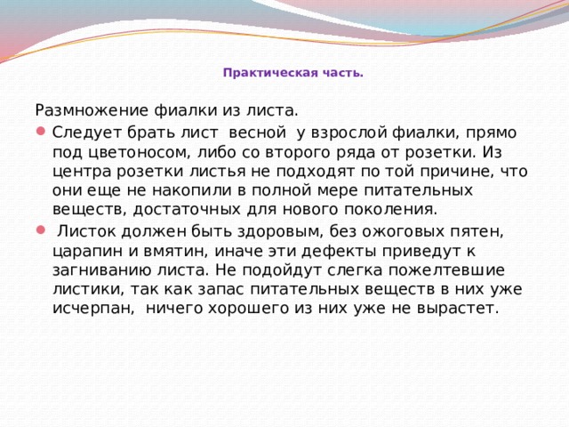   Практическая часть. Размножение фиалки из листа. Следует брать лист весной у взрослой фиалки, прямо под цветоносом, либо со второго ряда от розетки. Из центра розетки листья не подходят по той причине, что они еще не накопили в полной мере питательных веществ, достаточных для нового поколения.  Листок должен быть здоровым, без ожоговых пятен, царапин и вмятин, иначе эти дефекты приведут к загниванию листа. Не подойдут слегка пожелтевшие листики, так как запас питательных веществ в них уже исчерпан,  ничего хорошего из них уже не вырастет. 