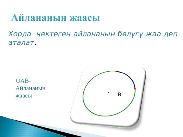 Хорда чектеген айлананын б өлүгү жаа деп аталат .  АВ-Айлананын жаасы В 