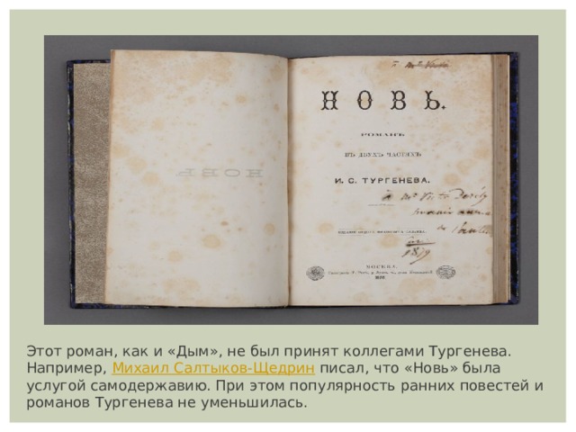 Этот роман, как и «Дым», не был принят коллегами Тургенева. Например,  Михаил Салтыков-Щедрин  писал, что «Новь» была услугой самодержавию. При этом популярность ранних повестей и романов Тургенева не уменьшилась. 