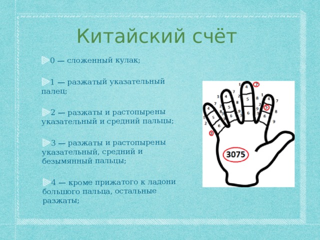0 — сложенный кулак; 1 — разжатый указательный палец; 2 — разжаты и растопырены указательный и средний пальцы; 3 — разжаты и растопырены указательный, средний и безымянный пальцы; 4 — кроме прижатого к ладони большого пальца, остальные разжаты;