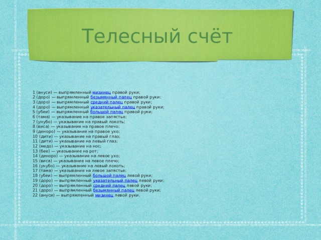 Телесный счёт 1 (ануси) — выпрямленный мизинец правой руки; 2 (доро) — выпрямленный безымянный палец правой руки; 3 (доро) — выпрямленный средний палец правой руки; 4 (доро) — выпрямленный указательный палец правой руки; 5 (убеи) — выпрямленный большой палец правой руки; 6 (тама) — указывание на правое запястье; 7 (унубо) — указывание на правый локоть; 8 (виса) — указывание на правое плечо; 9 (деноро) — указывание на правое ухо; 10 (дити) — указывание на правый глаз; 11 (дити) — указывание на левый глаз; 12 (медо) — указывание на нос; 13 (бее) — указывание на рот; 14 (деноро) — указывание на левое ухо; 15 (виса) — указывание на левое плечо; 16 (унубо) — указывание на левый локоть; 17 (тама) — указывание на левое запястье; 18 (убеи) — выпрямленный большой палец левой руки; 19 (доро) — выпрямленный указательный палец левой руки; 20 (доро) — выпрямленный средний палец левой руки; 21 (доро) — выпрямленный безымянный палец левой руки; 22 (ануси) — выпрямленный мизинец левой руки.