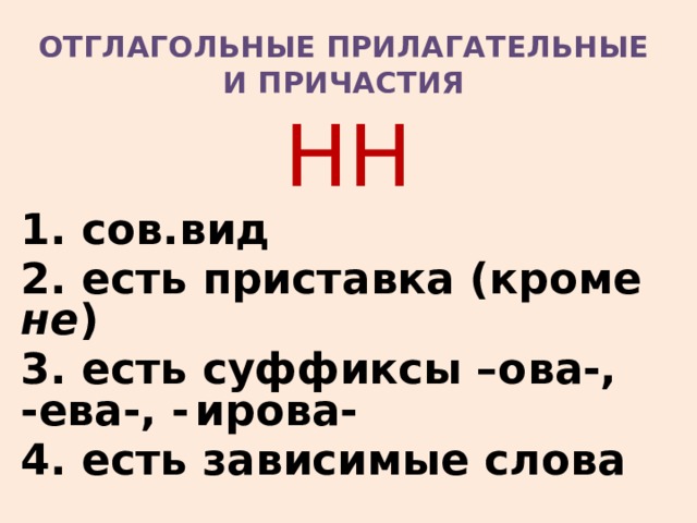 ОТГЛАГОЛЬНЫЕ ПРИЛАГАТЕЛЬНЫЕ  И ПРИЧАСТИЯ НН 1. сов.вид 2. есть приставка (кроме не ) 3. есть суффиксы –ова-, -ева-, -  ирова- 4. есть зависимые слова 