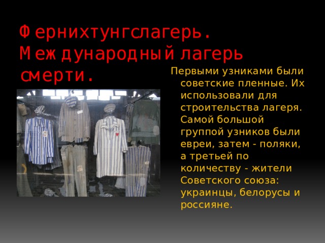 Фернихтунгслагерь. Международный лагерь смерти. Первыми узниками были советские пленные. Их использовали для строительства лагеря. Самой большой группой узников были евреи, затем - поляки, а третьей по количеству - жители Советского союза: украинцы, белорусы и россияне. 