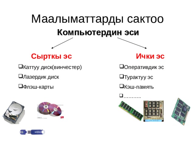 Маалыматтарды сактоо Компьютердин эси Сырткы эс Каттуу диск(винчестер) Лазердик диск Флэш-карты Ички эс Оперативдик эс Турактуу эс Кэш-память ……… .. 