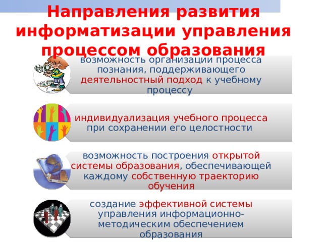 возможность организации процесса познания, поддерживающего деятельностный подход к учебному процессу индивидуализация учебного процесса при сохранении его целостности возможность построения открытой системы образования , обеспечивающей каждому собственную траекторию обучения создание эффективной системы управления информационно-методическим обеспечением образования Направления развития информатизации управления процессом образования 