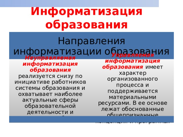 Информатизация образования Направления информатизации образования Неуправляемая информатизация образования  реализуется снизу по инициативе работников системы образования и охватывает наиболее актуальные сферы образовательной деятельности и предметные области Управляемая  информатизация образования  имеет характер организованного процесса и поддерживается материальными ресурсами. В ее основе лежат обоснованные общепризнанные концепции и программы. 