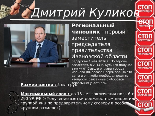 Дмитрий Куликов Региональный чиновник - первый заместитель председателя правительства Ивановской области Задержан 4 мая 2016 г. По версии следствия, в 2014 г. Куликов получил взятку от бывшего главы города Иваново Вячеслава Сверчкова. За эти деньги он якобы пообещал решить «вопросы, связанные с оборотом земельных участков». Размер взятки : 5 млн руб.  Максимальный срок : до 15 лет заключения по ч. 6 ст. 290 УК РФ («Получение взятки должностным лицом или группой лиц по предварительному сговору в особо крупном размере»).   