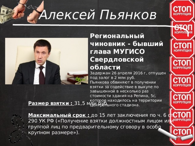 Алексей Пьянков Региональный чиновник - бывший глава МУГИСО Свердловской области Задержан 26 апреля 2016 г, отпущен под залог в 2 млн руб. Пьянкова обвиняют в получении взятки за содействие в выкупе по завышенной в несколько раз стоимости здания на Репина, 5с, которое находилось на территории Центрального стадиона. Размер взятки : 31,5 млн руб.  Максимальный срок : до 15 лет заключения по ч. 6 ст. 290 УК РФ («Получение взятки должностным лицом или группой лиц по предварительному сговору в особо крупном размере»).   