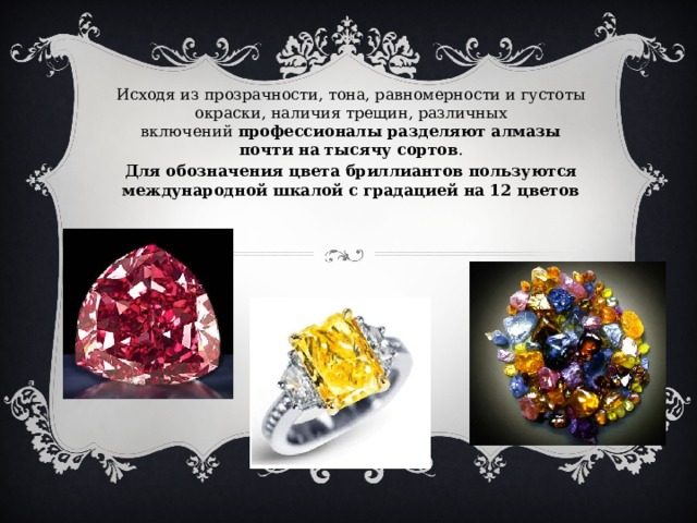 Исходя из прозрачности, тона, равномерности и густоты окраски, наличия трещин, различных включений  профессионалы разделяют алмазы почти на тысячу сортов . Для обозначения цвета бриллиантов пользуются международной шкалой с градацией на 12 цветов 