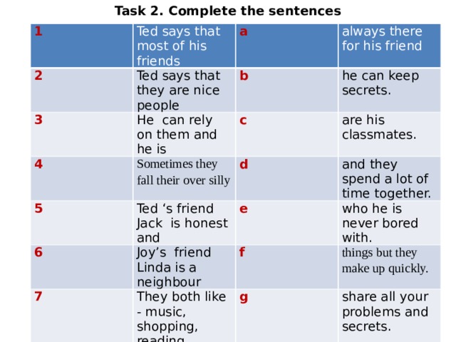 Task 2. Сomplete the sentences 1 Ted says that most of his friends 2 a Ted says that they are nice people 3 always there for his friend 4 b He can rely on them and he is Sometimes they fall their over silly he can keep secrets. 5 c 6 Ted ‘s friend Jack is honest and are his classmates. d and they spend a lot of time together. e 7 Joy’s friend Linda is a neighbour 8 They both like - music, shopping, reading who he is never bored with. f things but they make up quickly. g Ellen’s best friend Nancy lives in another city now 9 share all your problems and secrets. h Ellen says that with a friend you can. 10 friends are not one and the same thing. i Ellen says classmates and true books about animals and play with their pets! j no one of my age I could make friends with 