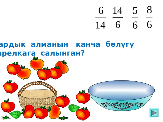 Бардык алманын канча бөлүгү тарелкага салынган? Пригласите к компьютеру ученика 12 