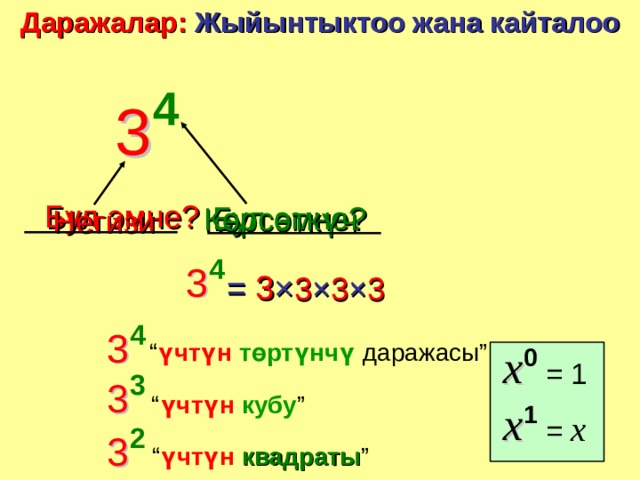 Даражалар :  Жыйынтыктоо жана кайталоо Негизи Бул эмне ? Бул эмне ? Көрсөткүч = 3 × 3 × 3 × 3 “ үчтүн  төртүнчү даражасы ” “ үчтүн кубу ” “ үчтүн  квадраты ” 