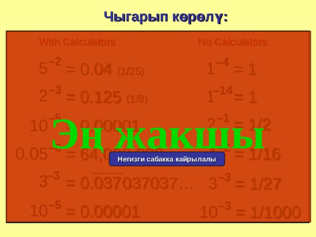 Чыгарып көрөлү: No Calculators With Calculators – 2 – 4 5 1 = 0.04 (1/25) = 1 – 3 – 14 2 1 = 1 = 0.125 (1/8)  Эң жакшы – 5 – 1 = 1/2 2 = 0.00001 10 – 2 – 6 = 1/16 0.05 4 = 64,000,000 Негизги сабакка кайрылалы – 3 – 3 3 = 0.037 037037… 3 = 1/27 – 5 – 3 10 = 0.00001 10 = 1/1000 