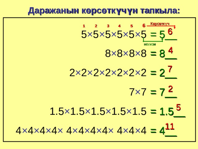 Даражанын көрсөткүчүн тапкыла: Көрсөткүч 6 4 1 3 2 5 6 5 × 5 × 5 × 5 × 5 × 5 = 5__ негизи 4 8 × 8 × 8 × 8 = 8__ 7 2 × 2 × 2 × 2 × 2 × 2 × 2 = 2__ 2 7 × 7 = 7__ 5 = 1.5__ 1.5 × 1.5 × 1.5 × 1.5 × 1.5 11 4 × 4 × 4 × 4 × 4 × 4 × 4 × 4 × 4 × 4 × 4 = 4__ 