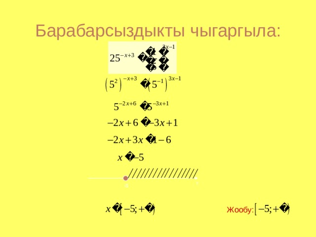Барабарсыздыкты чыгаргыла: x -5 Жообу: 