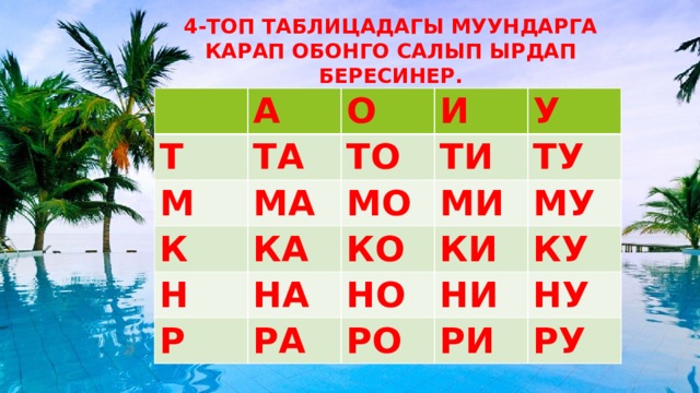 4-ТОП ТАБЛИЦАДАГЫ МУУНДАРГА КАРАП ОБОНГО САЛЫП ЫРДАП БЕРЕСИНЕР. А Т О М ТА И МА К ТО КА ТИ У Н МО МИ НА КО Р ТУ МУ КИ НО РА НИ КУ РО НУ РИ РУ 