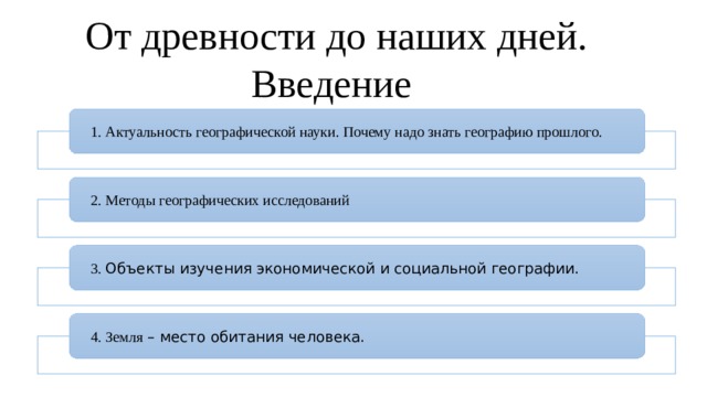 От древности до наших дней. Введение 1. Актуальность географической науки. Почему надо знать географию прошлого. 2. Методы географических исследований 3. Объекты изучения экономической и социальной географии. 4. Земля – место обитания человека. 