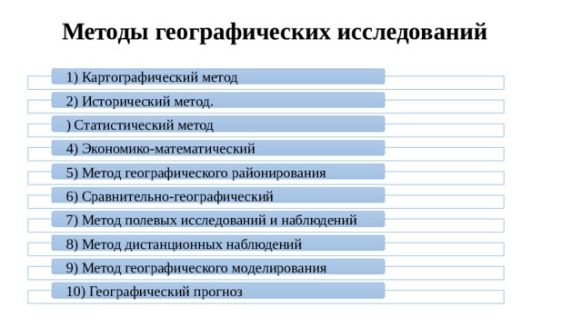 Методы географических исследований 1) Картографический метод 2) Исторический метод. ) Статистический метод 4) Экономико-математический 5) Метод географического районирования 6) Сравнительно-географический 7) Метод полевых исследований и наблюдений 8) Метод дистанционных наблюдений 9) Метод географического моделирования 10) Географический прогноз 