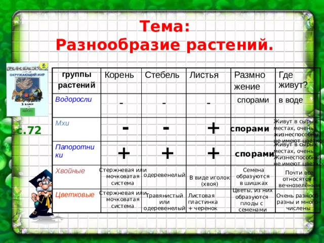 Тема: Разнообразие растений. группы растений Корень Водоросли - Мхи Стебель Листья Папоротники - - Хвойные Размно Где живут? Цветковые жение спорами в воде + - - Живут в сырых местах, очень жизнеспособны, не имеют цветков спорами с.72 + + + Живут в сырых местах, очень Жизнеспособны, не имеют цветков спорами Стержневая или Семена мочковатая образуются в шишках система Почти все относятся к вечнозелёным одеревенелый В виде иголок (хвоя) Цветы, из них образуются плоды с семенами Стержневая или мочковатая система Листовая Травянистый Очень разнооб- пластинка или разны и много- + черенок одеревенелый числены 
