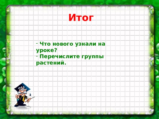 Итог  Что нового узнали на уроке?  Перечислите группы растений.  