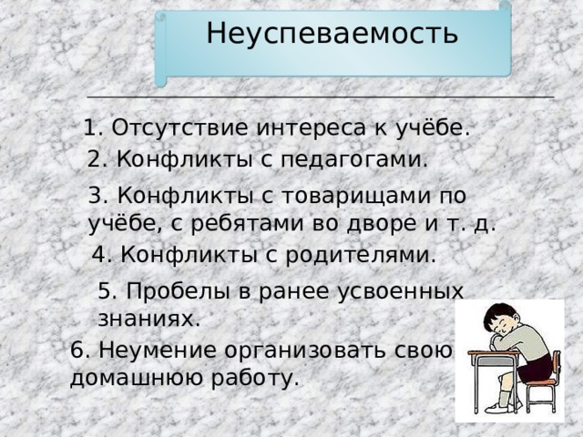 Неуспеваемость 1. Отсутствие интереса к учёбе . 2. Конфликты с педагогами. 3. Конфликты с товарищами по учёбе, с ребятами во дворе и т. д. 4. Конфликты с родителями. 5. Пробелы в ранее усвоенных знаниях. 6. Неумение организовать свою домашнюю работу. 