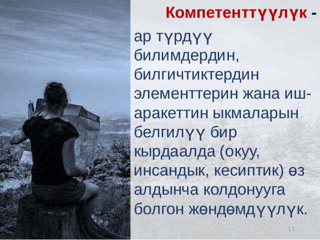 Компетенттүүлүк - ар түрдүү билимдердин, билгичтиктердин элементтерин жана иш-аракеттин ыкмаларын белгилүү бир кырдаалда (окуу, инсандык, кесиптик) өз алдынча колдонууга болгон жөндөмдүүлүк.   