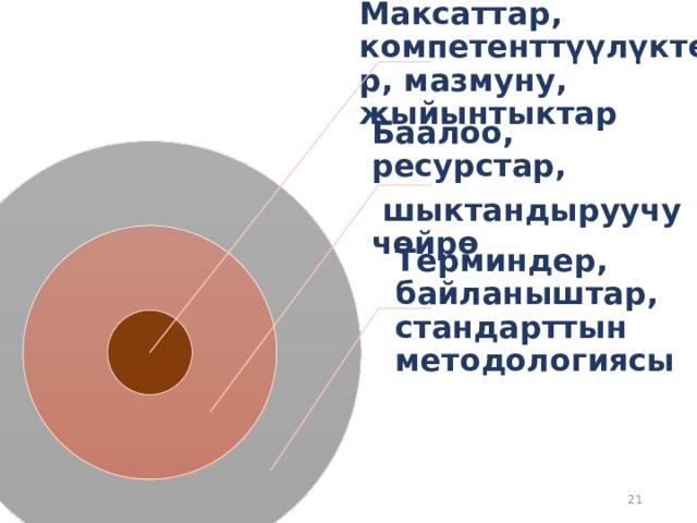 Максаттар, компетенттүүлүктөр, мазмуну, жыйынтыктар Баалоо, ресурстар,  шыктандыруучу чөйрө Терминдер, байланыштар, стандарттын методологиясы 21 
