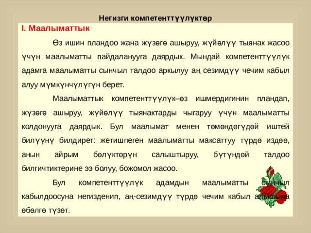 Негизги компетенттүүлүктөр I. Маалыматтык  Өз ишин пландоо жана жүзөгө ашыруу, жүйөлүү тыянак жасоо үчүн маалыматты пайдаланууга даярдык. Мындай компетенттүүлүк адамга маалыматты сынчыл талдоо аркылуу аң сезимдүү чечим кабыл алуу мүмкүнчүлүгүн берет.  Маалыматтык компетенттүүлүк–өз ишмердигинин пландап, жүзөгө ашыруу, жүйөлүү тыянактарды чыгаруу үчүн маалыматты колдонууга даярдык. Бул маалымат менен төмөндөгүдөй иштей билүүнү билдирет: жетишпеген маалыматты максаттуу түрдө издөө, анын айрым бөлүктөрүн салыштыруу, бүтүндөй талдоо билгичтиктерине ээ болуу, божомол жасоо.  Бул компетенттүүлүк адамдын маалыматты сынчыл кабылдоосуна негизденип, аң-сезимдүү түрдө чечим кабыл алышына өбөлгө түзөт. 