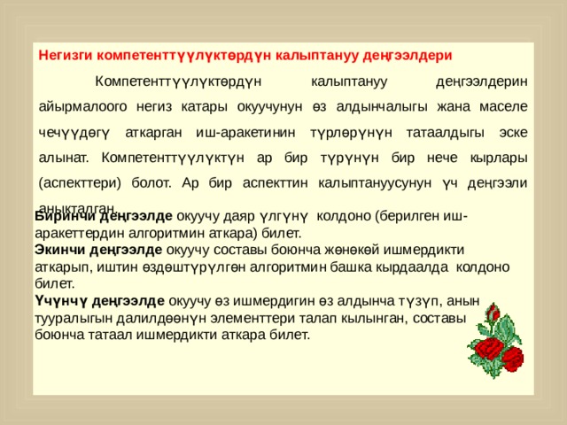 Негизги компетенттүүлүктөрдүн калыптануу деңгээлдери  Компетенттүүлүктөрдүн калыптануу деңгээлдерин айырмалоого негиз катары окуучунун өз алдынчалыгы жана маселе чечүүдөгү аткарган иш-аракетинин түрлөрүнүн татаалдыгы эске алынат. Компетенттүүлүктүн ар бир түрүнүн бир нече кырлары (аспекттери) болот. Ар бир аспекттин калыптануусунун үч деңгээли аныкталган. Биринчи деңгээлде окуучу даяр үлгүнү колдоно (берилген иш-аракеттердин алгоритмин аткара) билет. Экинчи деңгээлде окуучу составы боюнча жөнөкөй ишмердикти аткарып, иштин өздөштүрүлгөн алгоритмин башка кырдаалда колдоно билет. Үчүнчү деңгээлде окуучу өз ишмердигин өз алдынча түзүп, анын тууралыгын далилдөөнүн элементтери талап кылынган, составы боюнча татаал ишмердикти аткара билет. 