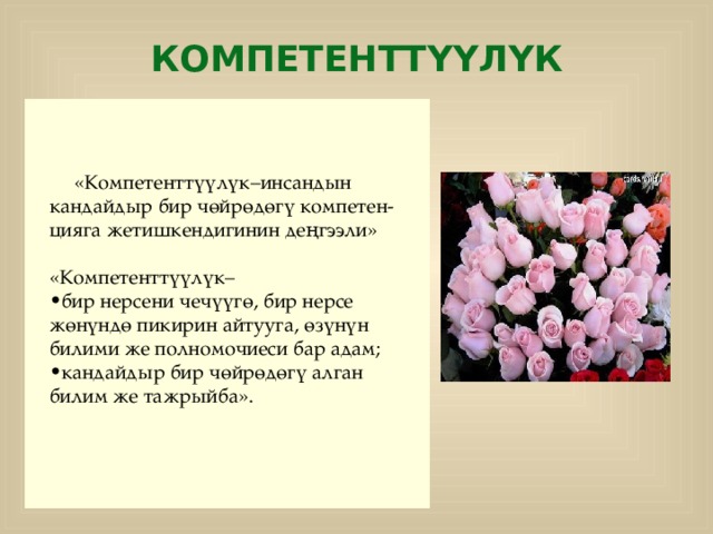 КОМПЕТЕНТТҮҮЛҮК  «Компетенттүүлүк–инсандын кандайдыр бир чөйрөдөгү компетен-цияга жетишкендигинин деңгээли» «Компетенттүүлүк– бир нерсени чечүүгө, бир нерсе жөнүндө пикирин айтууга, өзүнүн билими же полномочиеси бар адам; кандайдыр бир чөйрөдөгү алган билим же тажрыйба».  р  