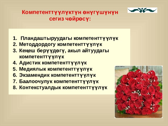Компетенттүүлүктүн өнүгүшүнүн сегиз чөйрөсү:  Пландаштыруудагы компетенттүүлүк Методдордогу компетенттүүлүк Кеңеш берүүдөгү, акыл айтуудагы компетенттүүлүк Адистик компетенттүүлүк Медиялык компетенттүүлүк Экзамендик компетенттүүлүк Баалоочулук компетенттүүлүк Контекстуалдык компетенттүүлүк 