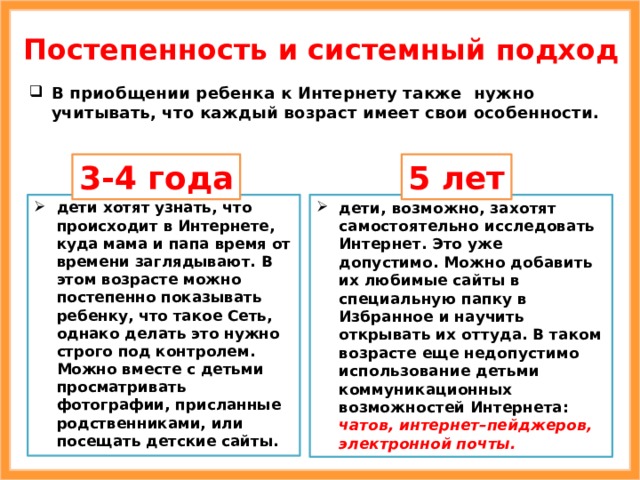 Постепенность и системный подход В приобщении ребенка к Интернету также нужно учитывать, что каждый возраст имеет свои особенности. 3-4 года 5 лет дети, возможно, захотят самостоятельно исследовать Интернет. Это уже допустимо. Можно добавить их любимые сайты в специальную папку в Избранное и научить открывать их оттуда. В таком возрасте еще недопустимо использование детьми коммуникационных возможностей Интернета: чатов, интернет–пейджеров, электронной почты. дети хотят узнать, что происходит в Интернете, куда мама и папа время от времени заглядывают. В этом возрасте можно постепенно показывать ребенку, что такое Сеть, однако делать это нужно строго под контролем. Можно вместе с детьми просматривать фотографии, присланные родственниками, или посещать детские сайты. 