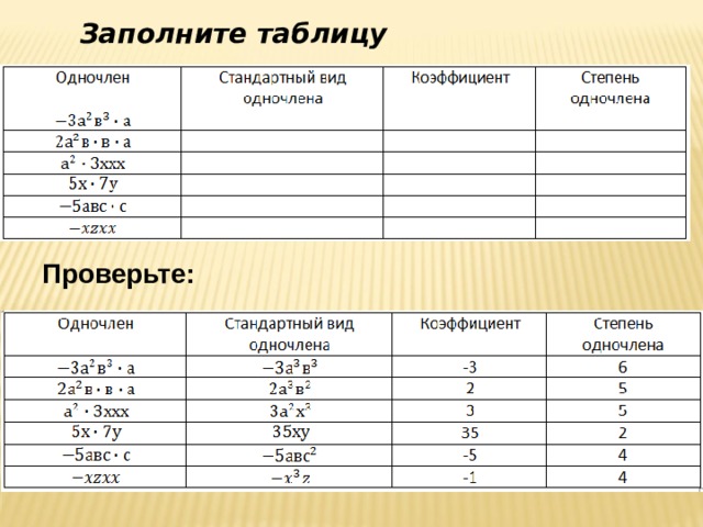 Заполните таблицу Проверьте: 