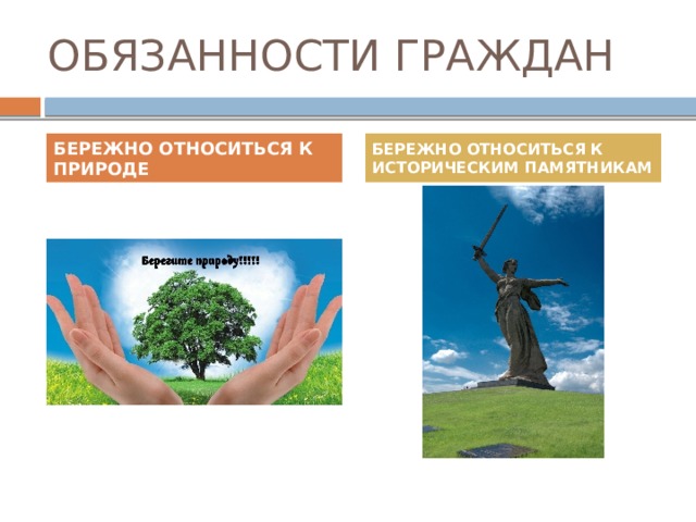 ОБЯЗАННОСТИ ГРАЖДАН БЕРЕЖНО ОТНОСИТЬСЯ К ПРИРОДЕ БЕРЕЖНО ОТНОСИТЬСЯ К ИСТОРИЧЕСКИМ ПАМЯТНИКАМ 