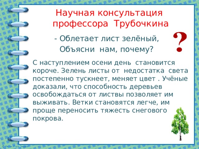Научная консультация профессора Трубочкина - Облетает лист зелёный, Объясни нам, почему? С наступлением осени день становится короче. Зелень листы от недостатка света постепенно тускнеет, меняет цвет . Учёные доказали, что способность деревьев освобождаться от листвы позволяет им выживать. Ветки становятся легче, им проще переносить тяжесть снегового покрова. 