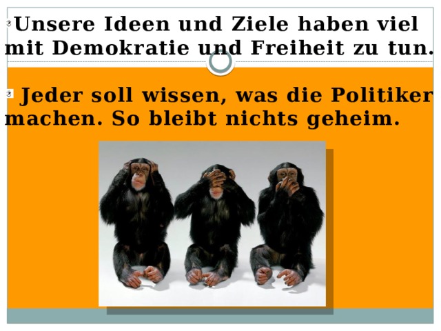Unsere Ideen und Ziele haben viel mit Demokratie und Freiheit zu tun.   Jeder soll wissen, was die Politiker machen. So bleibt nichts geheim. 