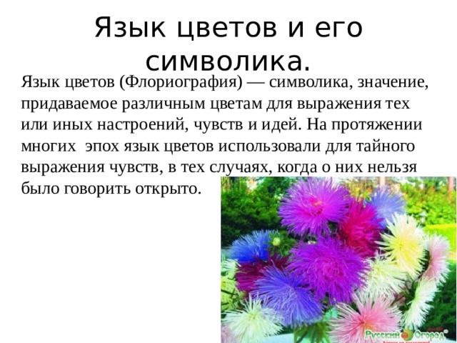 Язык цветов и его символика. Язык цветов (Флориография) — символика, значение, придаваемое различным цветам для выражения тех или иных настроений, чувств и идей. На протяжении многих эпох язык цветов использовали для тайного выражения чувств, в тех случаях, когда о них нельзя было говорить открыто. 