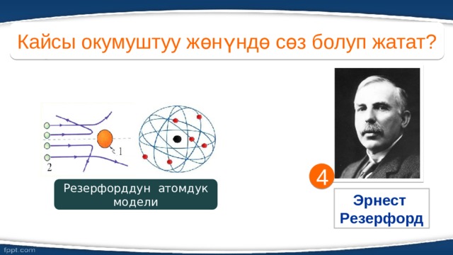 Кайсы окумуштуу жөнүндө сөз болуп жатат? 4 Резерфорддун атомдук модели Эрнест Резерфорд 