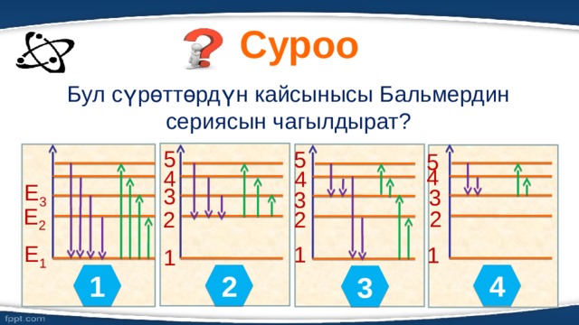 Суроо Бул сүрөттөрдүн кайсынысы Бальмердин сериясын чагылдырат? 5 5 5 4 4 4 Е 3 3 3 3 Е 2 2 2 2 Е 1 1 1 1 4 2 1 3 