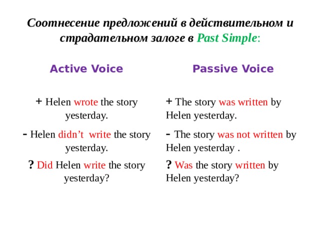 Соотнесение предложений в действительном и страдательном залоге в Past Simple : Active Voice Passive Voice + Helen wrote the story yesterday. + The story was written by Helen yesterday. - Helen didn’t write the story yesterday. - The story was not written by Helen yesterday . ?  Did Helen write the story yesterday? ?  Was the story written by Helen yesterday? 