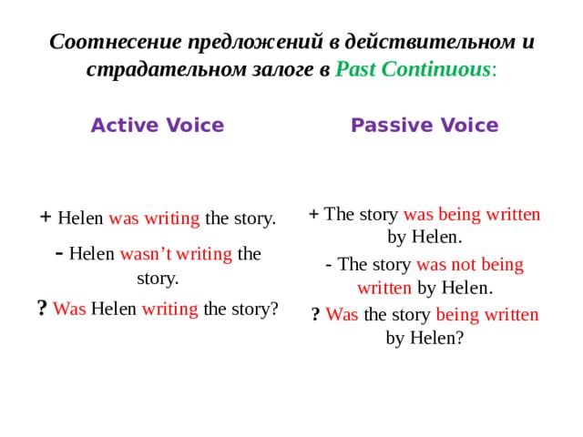 Соотнесение предложений в действительном и страдательном залоге в Past Continuous : Active Voice Passive Voice   + Helen was  writing the story. + The story was being written by Helen. - Helen wasn’t writing the story. - The story was not being written by Helen. ?  Was Helen writing the story? ?  Was the story being written by Helen? 