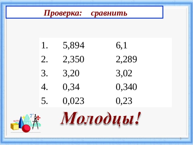  Проверка: сравнить  5,894 6,1  2,350  2,289  3 , 20 3,02  0,34  0,340  0,023  0,23  3 3 