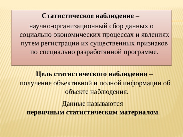 Статистическое наблюдение – научно-организационный сбор данных о социально-экономических процессах и явлениях путем регистрации их существенных признаков по специально разработанной программе. Цель статистического наблюдения –  получение объективной и полной информации об объекте наблюдения. Данные называются первичным статистическим материалом . 