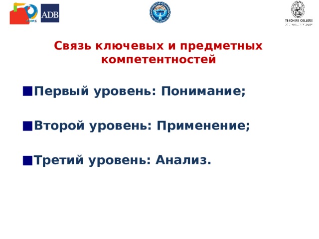 Связь ключевых и предметных компетентностей Первый уровень: Понимание; Второй уровень: Применение; Третий уровень: Анализ. 
