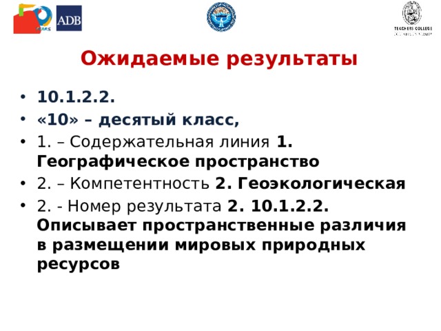 Ожидаемые результаты 10.1.2.2. «10» – десятый класс, 1. – Содержательная линия 1. Географическое пространство 2. – Компетентность 2. Геоэкологическая 2. - Номер результата 2. 10.1.2.2. Описывает пространственные различия в размещении мировых природных ресурсов 